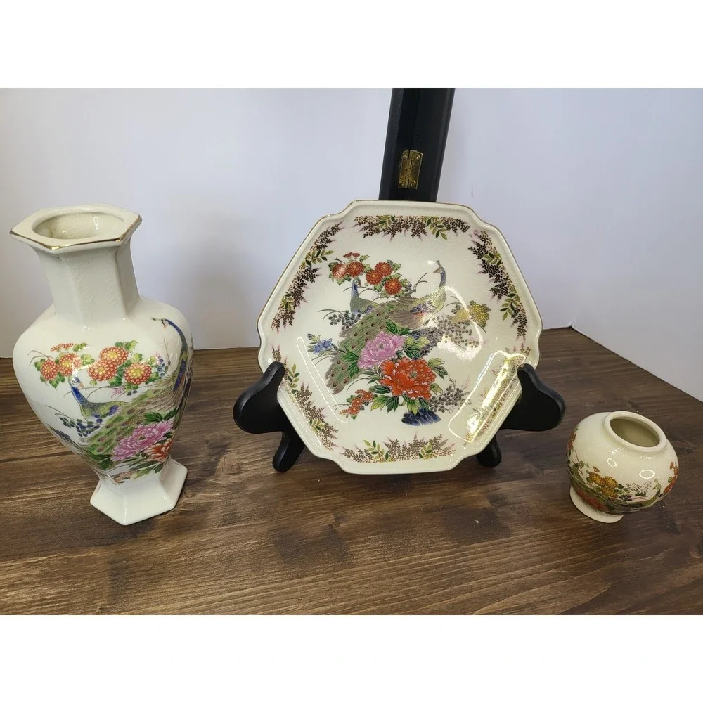 Vintage Japanese Satsuma Peacock Ceramic Inarco Vase Yamaji Plate Sato Gordon